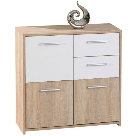 Dmora Sideboard mit drei Türen und zwei Schubladen, Weiß und Eiche, Maße 77 x 77 x 30 cm