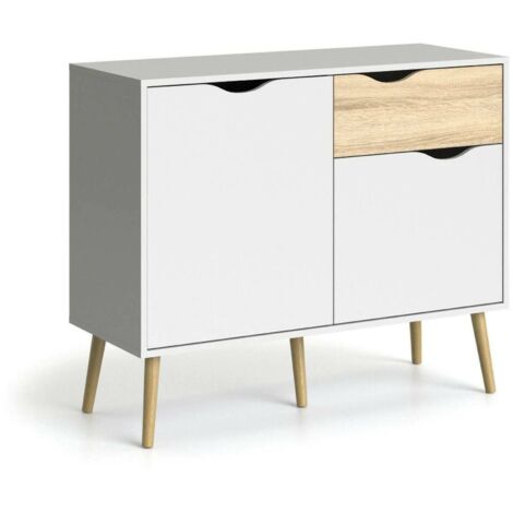 Dmora Sideboard mit zwei Türen und einer Schublade, Weiß und Eiche, Maße 98 x 81 x 39 cm