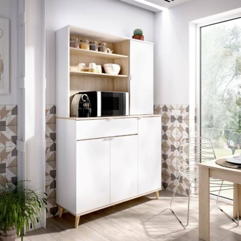 Dmora - Sideboard Sparavero, Pantry-Buffet für Wohnzimmer, Modernes Sideboard für Wohnzimmer mit 4 Türen, 120x40h191 cm, Weiß und Eiche