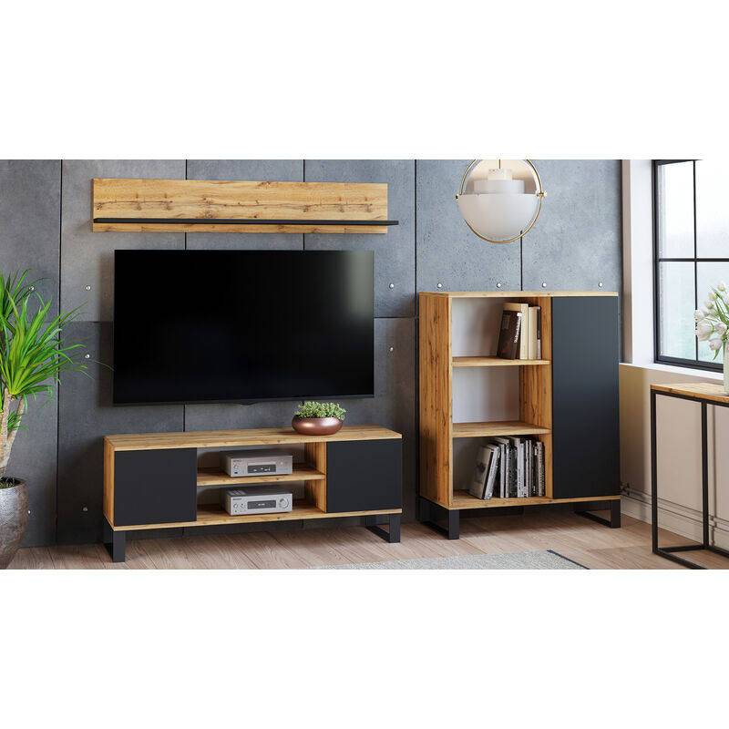 

Sistema de pared para sala de estar de estilo industrial, mueble de TV con 1 aparador con puerta reversible, estante a juego, color negro y arce