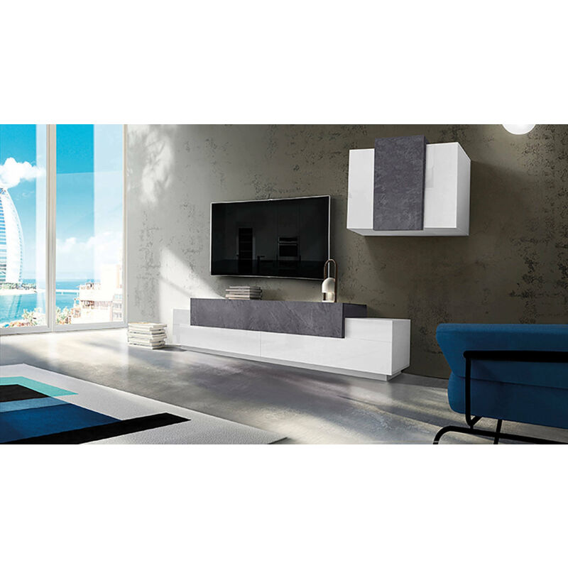 

Sistema modular de pared para salón Made in Italy, mueble para TV y mueble suspendido, 280x45h180 cm, blanco brillante y gris ceniza - Dmora