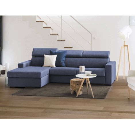 Dmora - Sofa cama Daatou, Sofá de esquina, 100% Made in Italy, Sofá con apertura giratoria, con Contenedor Izquierdo Península, con reposabrazos delgados, Cm 260x95h85, Azul