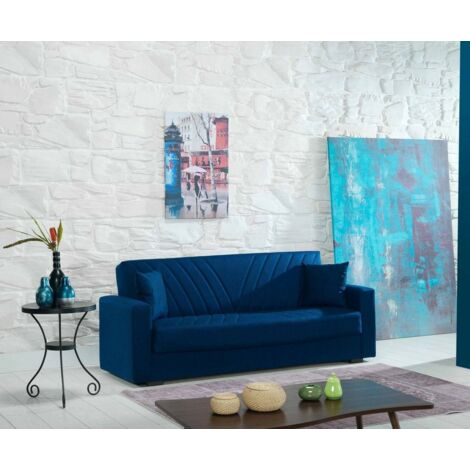 Dmora - Sofá cama Dfossat, Sofá cama contenedor lineal 3 plazas con 2 cojines incluidos, Sofá de salón en tela acolchada con apertura click-clac, 214x81h89 cm, Azul
