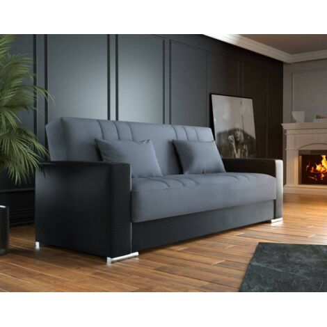 Dmora - Sofá cama Dmede, Sofá cama contenedor 3 plazas en ecopiel y tela, Sofá de salón con apertura click-clac y 2 cojines incluidos, 230x96h101 cm, Negro y Gris