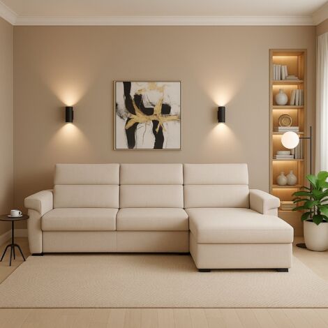 Dmora - Sofá fijo con península Ceto, Sofá esquinero para salón, acolchado, desenfundable, calidad 100% Made in Italy, 285x160 h100 cm, Beige