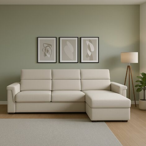 Dmora - Sofá fijo con península Cintano, Sofá esquinero para salón, acolchado, desenfundable, calidad 100% Made in Italy, 285x160 h100 cm, Beige