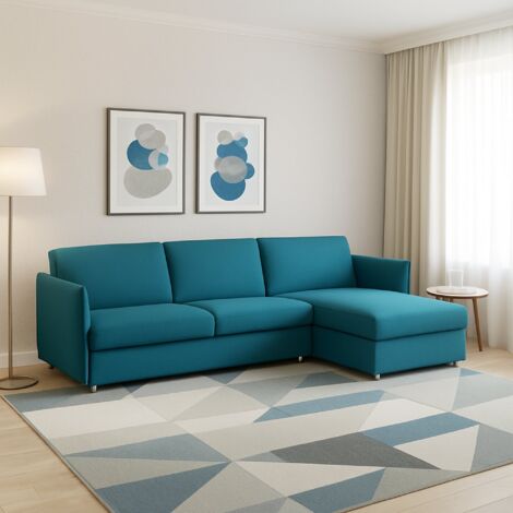 Dmora - Sofá fijo con península Ubalda, Sofá esquinero para salón, acolchado, desenfundable, calidad 100% Made in Italy, 260x160 h90 cm, Azul claro