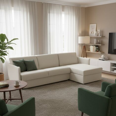 Dmora - Sofá fijo con península Ubalda, Sofá esquinero para salón, acolchado, desenfundable, calidad 100% Made in Italy, 260x160 h90 cm, Beige