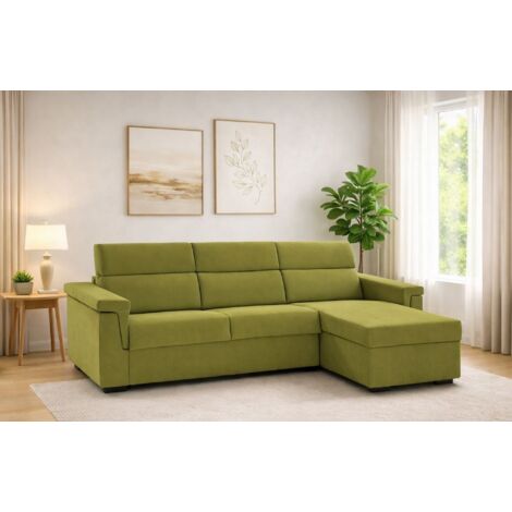 Dmora - Sofá fijo con península Zelinda, Sofá esquinero para salón, acolchado, desenfundable, calidad 100% Made in Italy, 285x160 h100 cm, Verde