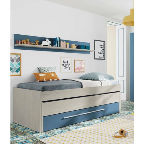 main image of "Dmora struttura per letto con secondo letto estraibile con cassettone e una mensola coordinata a muro, colore bianco effetto legno chiaro e azzurro, cm 199 x 65 x 95."