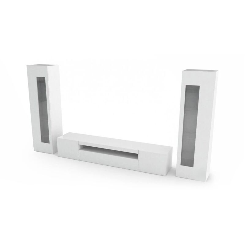 Dmora - Système mural de salon modulable, Made in Italy, Meuble tv et éléments muraux, Ensemble de salon moderne, 300x40h162 cm, couleur blanc
