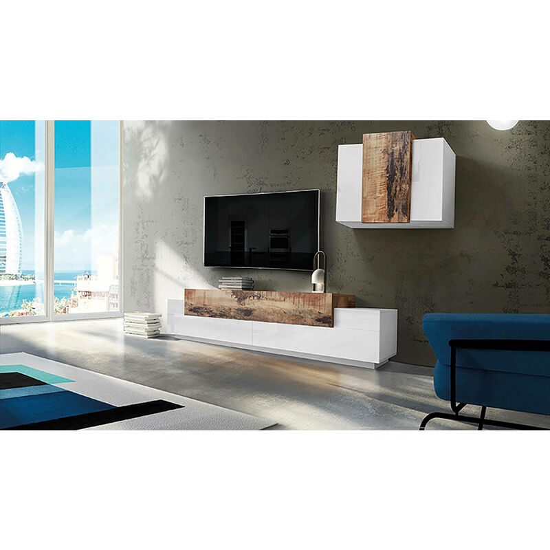 Meuble Mural Dmar, Ensemble de salon meuble tv, Meuble de salon polyvalent, 100% Made in Italy, cm 240x45h180, Blanc brillant et Érable - Dmora