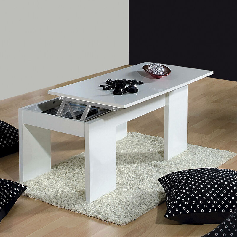 Dmora - Table basse avec plan d'élévation et espace récipient, couleur blanc brillant, cm 100 x 43 x 50 (hauteur élevée de 43 à 54 cm).