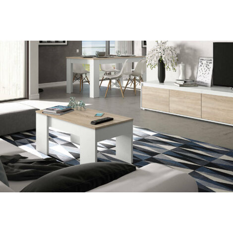 Dmora Table basse avec plateau relevable et rangements, coloris blanc et chêne, 100 x 45 x 50 cm (hauteur réglable de 45 à 56 cm), avec emballage renforcé