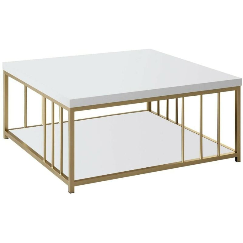 Dmora - Table basse Dfedrizz, Table basse, Porte-revues pour canapé, Etagère de salon, 90x39h40 cm, Blanc et Or