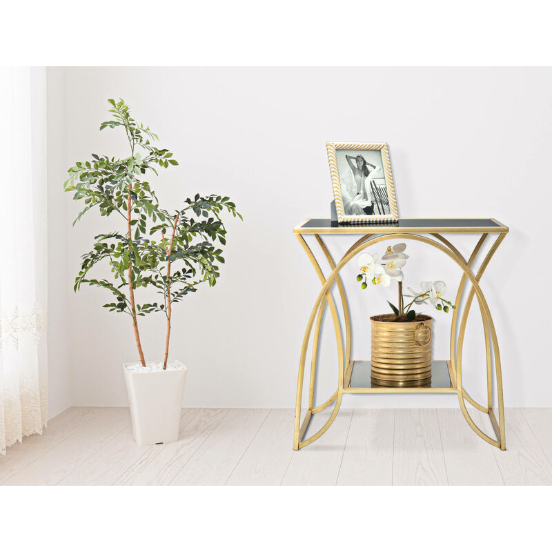 Dmora - Table basse élégante en métal doré, avec plateaux en verre trempé, couleur noire, Mesures 46 x 60 x 57 cm