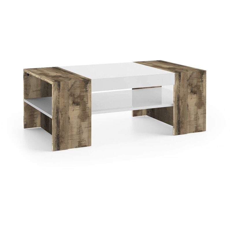 Dmora - Table basse, Made in Italy, Table de salon, 110x60h40 cm, couleur blanc brillant et érable