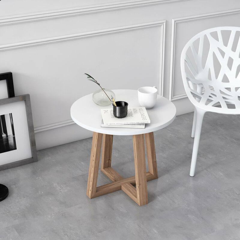 Dmora - Table basse ronde avec jambes croisées, cm 52 x 52 x 43, couleur blanc et chêne