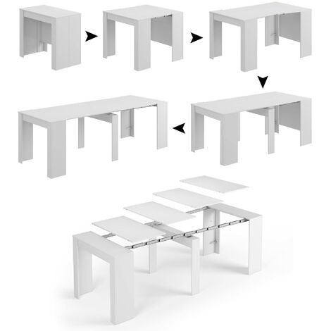 Dmora Table console Compton, Table à manger extensible, Table avec rallonges polyvalentes extensibles jusqu'à 10 places, cm 51/237x90h78, Blanc brillant, avec emballage renforcé