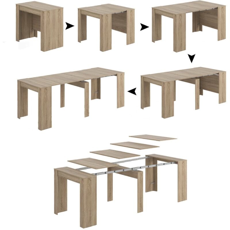 Dmora - Table console Compton, Table à manger extensible, Table avec rallonges polyvalentes extensibles jusqu'à 10 places, cm 51/237x90h78, Chêne