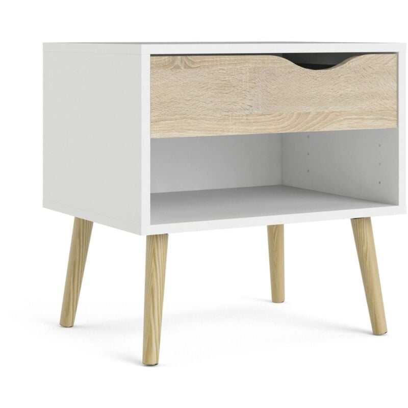 Table de chevet avec un tiroir et un compartiment de rangement, couleur blanc et chêne, Dimensions 50 x 49 x 39 cm, avec emballage renforcé - Dmora