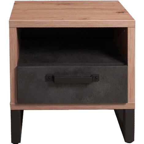 Dmora Table de chevet de style industriel avec 1 tiroir et compartiment ouvert, Table de nuit moderne, Compartiment de rangement, Fabriqué en Italie, 52x35xh54 cm, Couleur Chêne et Ciment