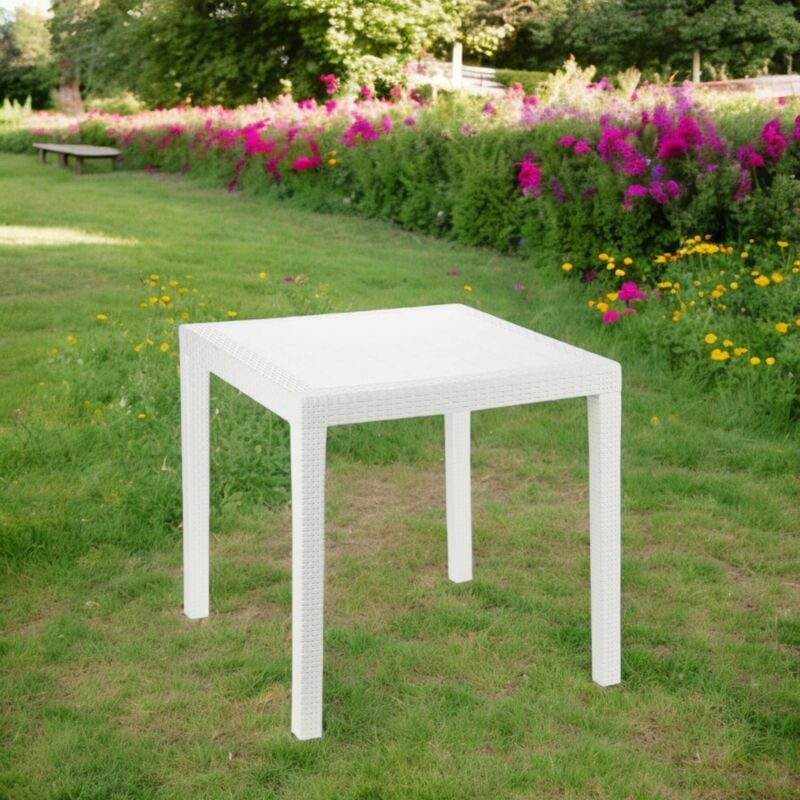 Table d'extérieur Agrigento, Table de jardin carrée, Table basse fixe effet rotin, 100% Made in Italy, Cm 80x80h72, Blanc - Dmora
