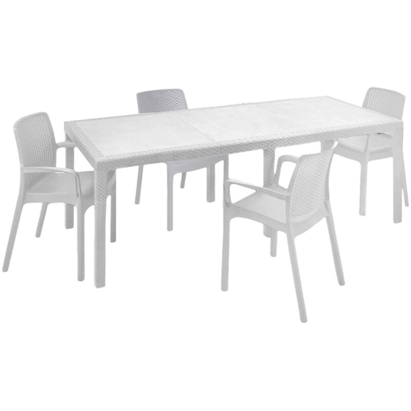 Table d'extérieur Dantonaz, Table à manger rectangulaire extensible avec 4 chaises incluses, Table et sièges de jardin effet rotin, 100% Made in
