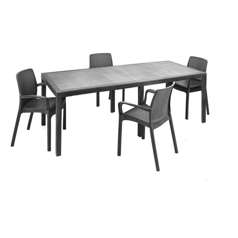 Table d'extérieur Dantonaz, Table à manger rectangulaire extensible avec 4 chaises incluses, Table et sièges de jardin effet rotin, 100% Made in