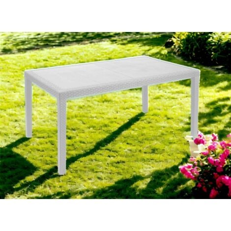 Dmora Table d'extérieur Imola, Table rectangulaire fixe, Table de jardin polyvalente effet rotin, 100% Made in Italy, Cm 138x78h72, Blanc, avec emballage renforcé