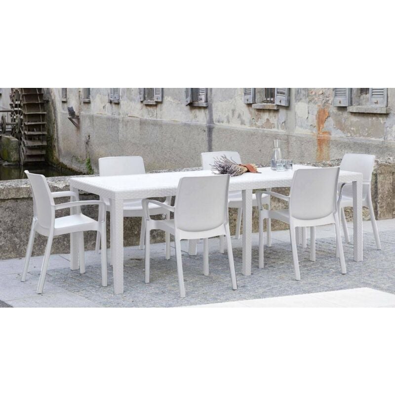 Dmora - Table d'extérieur Manarola, Table à manger rectangulaire extensible avec 4 chaises incluses, Table et sièges de jardin effet rotin, 100% Made