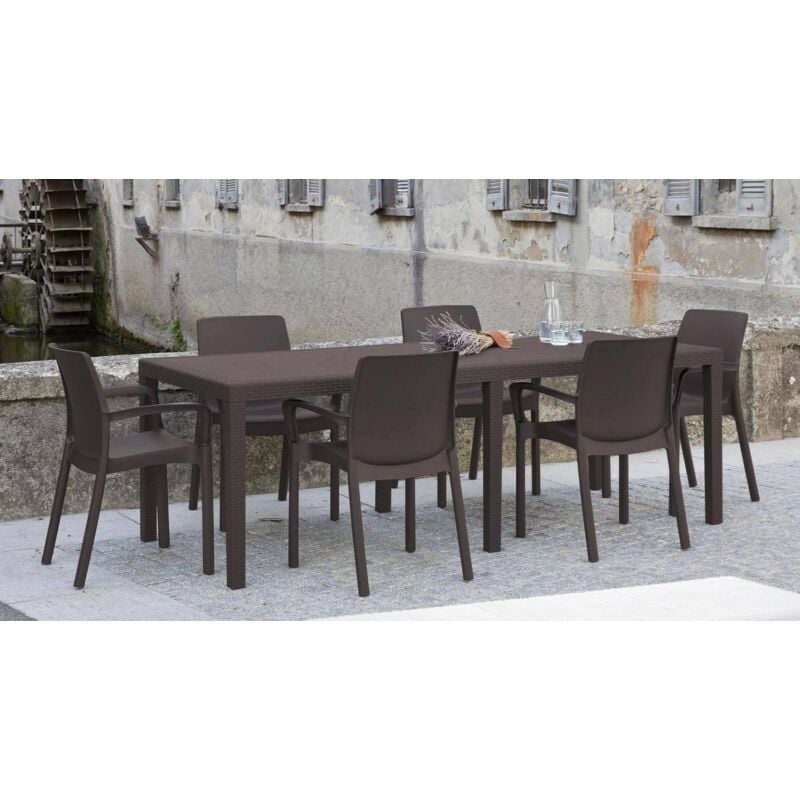 Table d'extérieur Dmanz, Table à manger rectangulaire extensible, Table de jardin extensible effet rotin, 100% Made in Italy, 150x90h72 cm, Marron