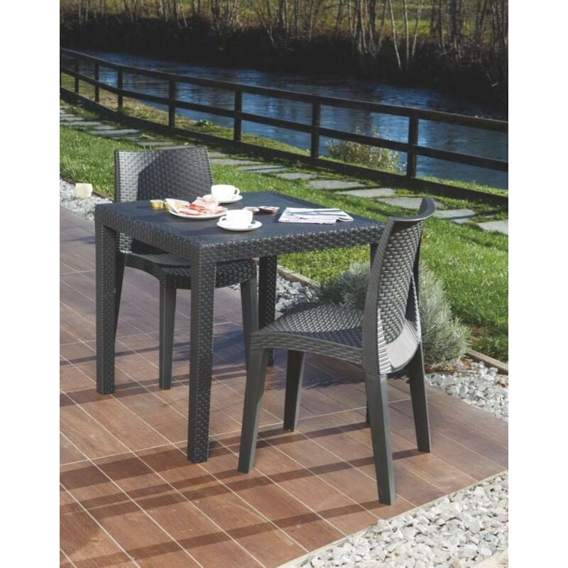 Table d'extérieur Agrigento, Table de jardin carrée, Table basse fixe effet rotin, 100% Made in Italy, Cm 80x80h72, Anthracite, avec emballage