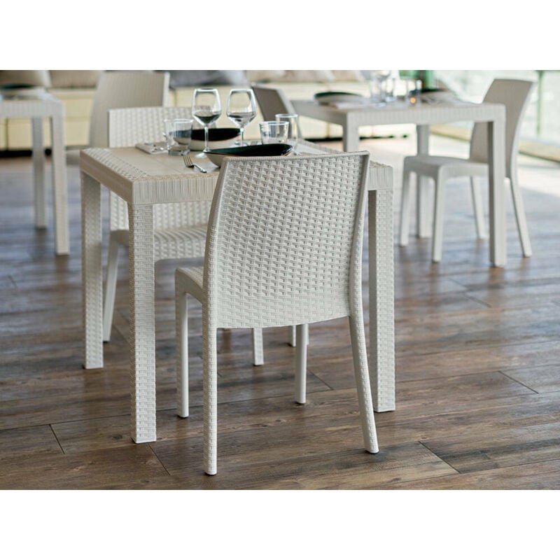 Table d'extérieur Marte, Table carrée fixe, Table de jardin polyvalente effet rotin, 100% Made in Italy, Cm 80x80h74, Blanc - Dmora