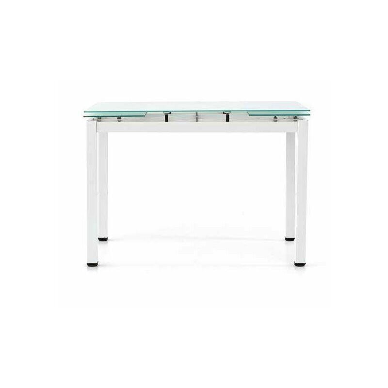 Dmora - Table extensible, avec structure en métal blanc et étagère en verre, 110x70x76