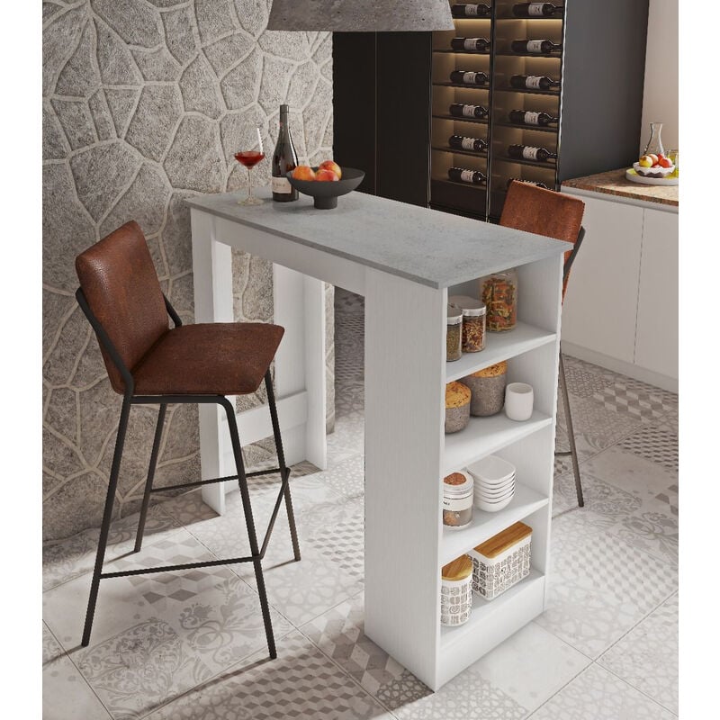 Dmora - Table péninsule de cuisine avec 4 étagères, Meuble bar, Table haute auxiliaire, 112x49,50xh106 cm, Couleur Blanc et Ciment