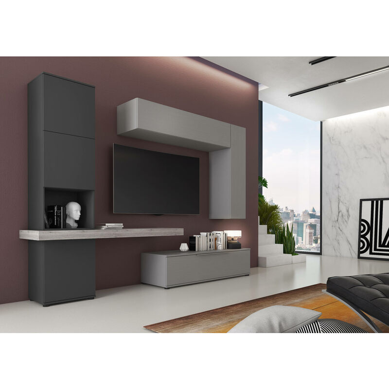 <strong>systeme</strong> mural de salon, meuble tv avec 2 elements hauts etageres et etagere, sejour complet, 150x49h38 cm, couleur gris anthracite - dmora