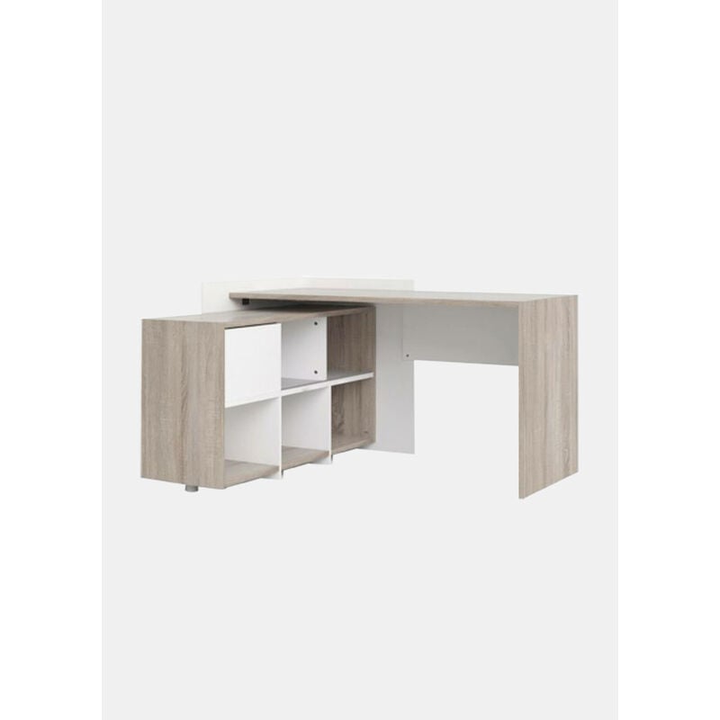 Dmora - Bureau d'angle avec étagère à six compartiments, coloris chêne et blanc, 140 x 80 x 120 cm