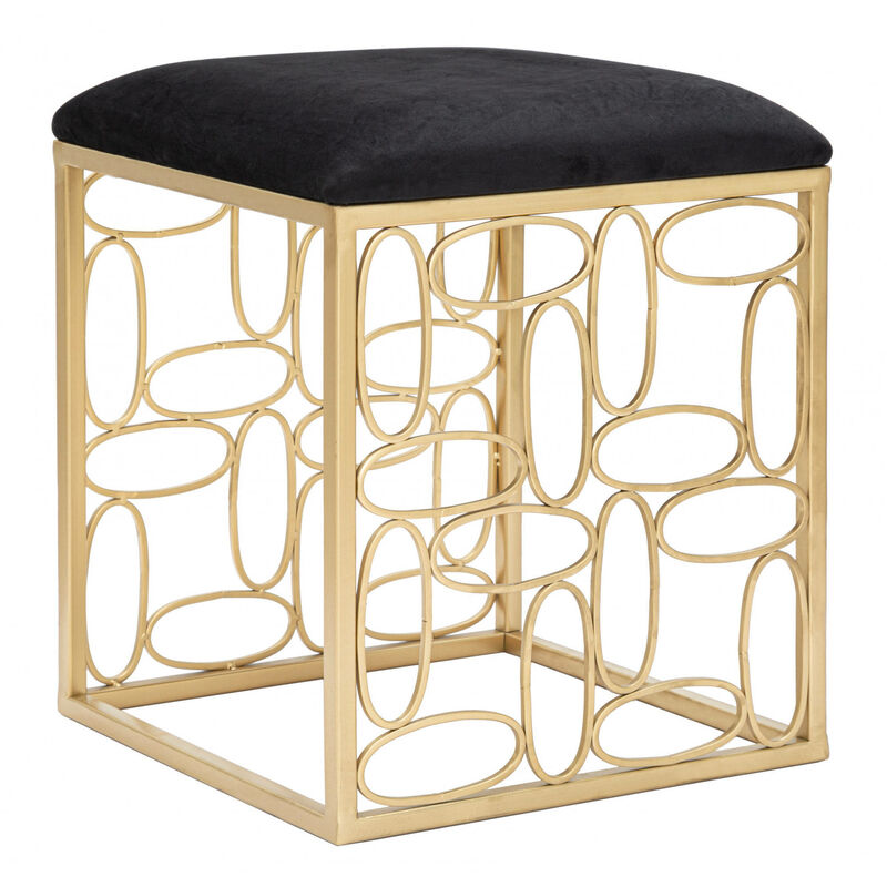 

Taburete Dmora Elegant cuadrado, en metal dorado, con asiento tapizado en terciopelo negro, con lineas geométricas y redondeadas, Medidas 38 x 46 x