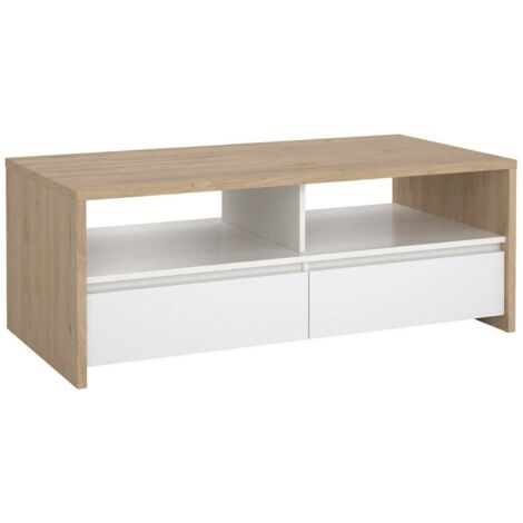 Dmora - Tavolino da salotto Octavia, Tavolo basso da caffè, Portariviste per divano, Ripiano da soggiorno, 120x60 h46 cm, Rovere e Bianco lucido