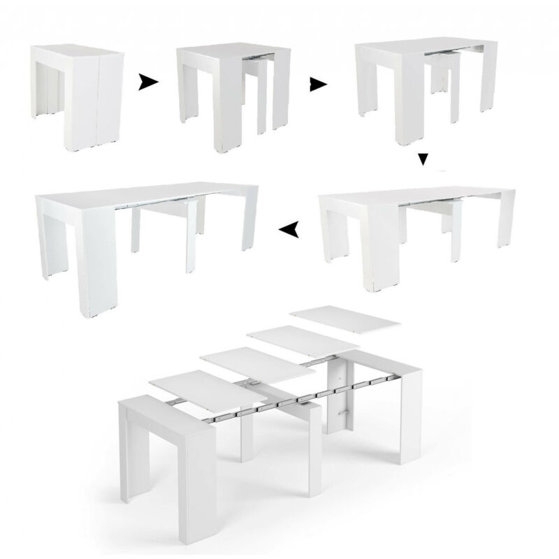 Moderner Esstisch, Ausziehbare Konsole bis zu 10 Sitzplätzen, Maße 90 x 51 x 78 cm (bis zu 237 mit Verlängerungen), Weiße Farbe - mit