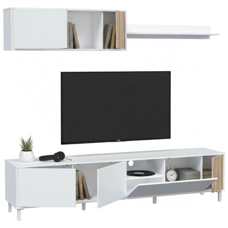 Dmora - TV-Schrank Dolze, Wohnzimmerschrank mit Türen, Hängeschrank mit Regal, Mehrzweck-Sideboard, 200 x 40 x 47 cm, Weiß und Eiche