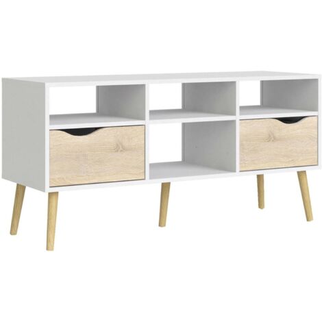 Dmora TV-Schrank mit zwei Schubladen, Farbe Weiß und Eiche, 117 x 57 x 39 cm