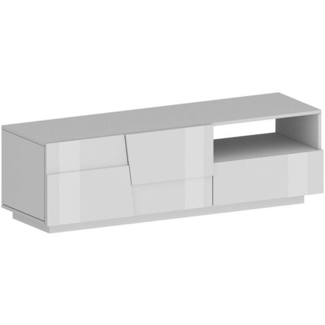 Dmora - TV-Ständer Velio, niedriges Wohnzimmer-Kommode mit 2 Türen und 1 Schublade, TV-Ständer-Basis, 150x44x46 cm, glänzendes Weiß, mit verstärkter Verpackung