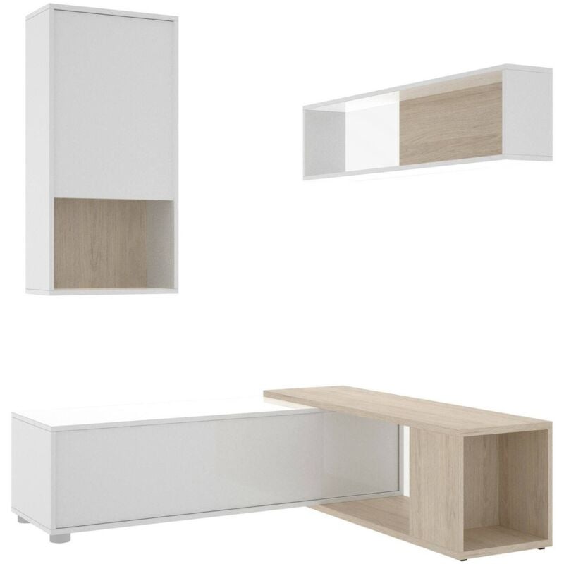 Unité murale Denali, Ensemble de salon modulable d'angle, Meuble de salon multiposition, 230x41h180 cm, Blanc et Chêne, avec emballage renforcé