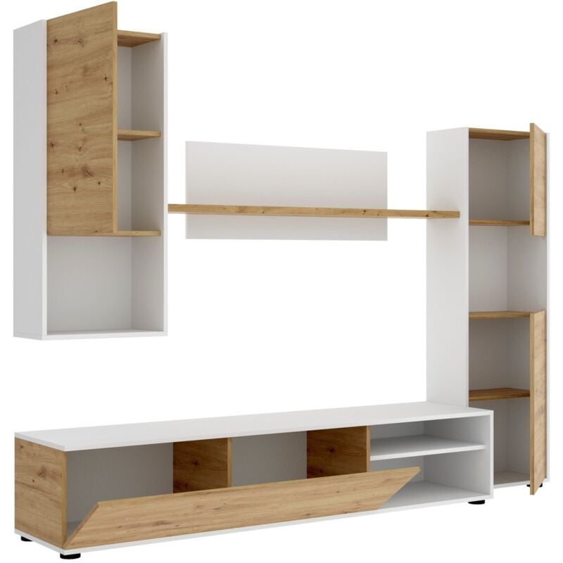 Unité murale Foraker, Ensemble de salon meuble tv, Meuble de salon polyvalent, 220x41h180 cm, Node Chêne et Blanc, avec emballage renforcé - Dmora