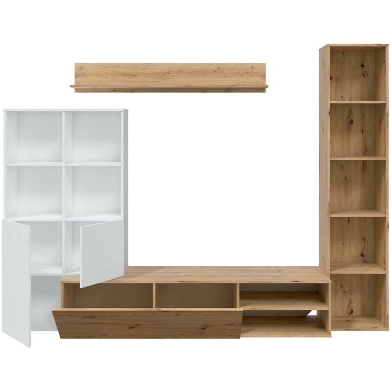 Dmora - Unité murale Westfield, Ensemble de salon avec portes et étagères, Meuble de salon polyvalent, 241x28h180 cm, Noeuds Blanc et Chêne