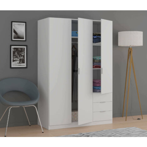 Dmora Vestiaire Warren, Armoire de chambre à 3 portes et 3 tiroirs, Armoire avec 3 étagères et barre de cintre, cm 121x52h180, Blanc, avec emballage renforcé