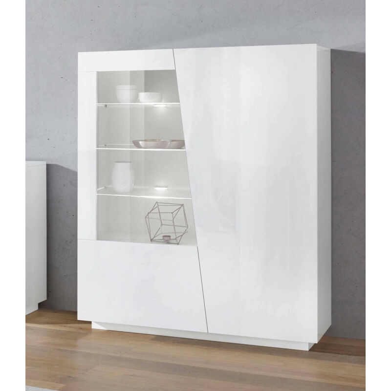 

Vitrina Modern con puerta de cristal, Made in Italy, con luz LED blanca, Aparador con estantes, Vitrina de salón, 120x43h146 cm, color blanco