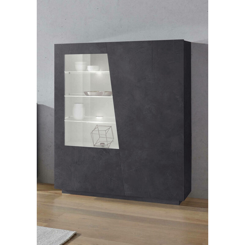 

Vitrina moderna con puerta de cristal, Made in Italy, con luz LED blanca, Aparador con estantes, Vitrina para salón, 120x43h146 cm, Color gris